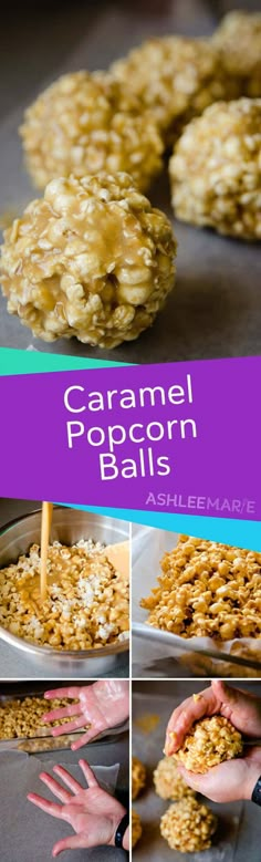 caramel popcorn balls are being made and then baked in the oven for breakfast or dessert