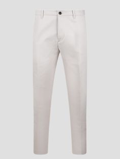 Nine:inthe:morning chino trousers, in stretch cotton twill. - SS24 - Slim fit - Belt loops at waist - Button closure - Side pockets - Back pockets with flap and button - Embroidered logo label on the back - 98%Cotton 2%Elastane Chino Cotton Twill Pants For Work, Chino Cotton Twill Pants With Welt Pockets, Cotton Straight Chinos For Business, Elegant Fitted Chinos In Cotton Twill, Cotton Dress Pants With Pressed Crease For Work, Cotton Dress Pants With Pressed Crease And Flat Front, Formal Chino Cotton Twill Pants For Spring, Elegant Chino Straight Leg Pants, Workwear Cotton Pants With Pressed Crease