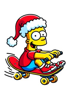 the simpsons riding a skateboard wearing a santa hat