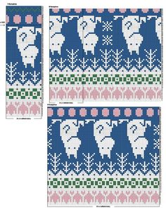 three cross stitch patterns with elephants in blue, pink and green colors on the same background