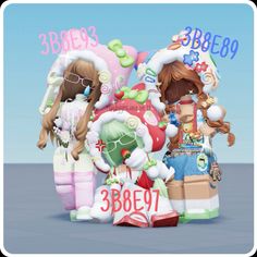 three dolls are standing next to each other with balloons in the shape of numbers on them