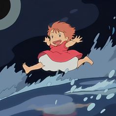 a cartoon character flying through the air over a wave in front of a full moon