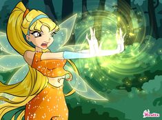 a cartoon character with long blonde hair holding a wand in her hand and pointing to the sky