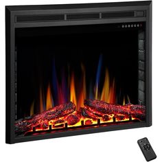 an electric fireplace with flames and remote control