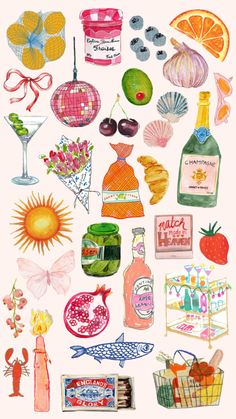 watercolor and ink drawings of different types of food, drinks and things to eat