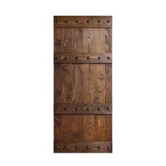 an old wooden door with rivets and screws on the bottom panel, isolated against a white background