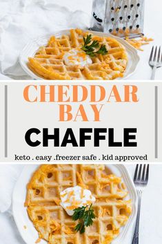 the cheddar bay waffle is served on a white plate