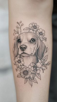 a black and white tattoo with a dog's face in a wreath of flowers