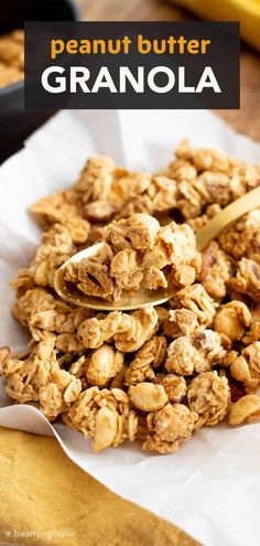 granola is stacked on top of each other with a spoon in it