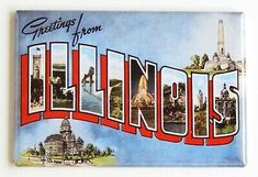 a postcard with the word illinois written in large red letters and pictures of buildings