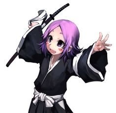 an anime character with purple hair and black clothes, holding two swords in one hand