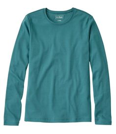 Knit from soft, high-quality combed cotton, this long-sleeve crewneck is just the right weight for cooler weather. Slightly Fitted: Softly shapes the body. Falls at hip. 100% cotton. Machine wash and dry. Interlock-knit from fine, strong yarns that are ultrasoft and resist pilling. Slightly shaped sides make tucking in neat and comfortable, or wear untucked for a flattering fit. Printed label. Imported. Comfortable Long Sleeve T-shirt For Everyday, Comfortable Fitted Long Sleeve Tops, Comfortable Fitted Tops For Fall, Comfortable Long Sleeve Fall Tops, Comfortable Long Sleeve Tops For Fall, Green Long Sleeve T-shirt For Layering, Comfortable Long Sleeve Blue Tops, Blue Long Sleeve Comfortable Tops, Comfortable Blue Long Sleeve Tops