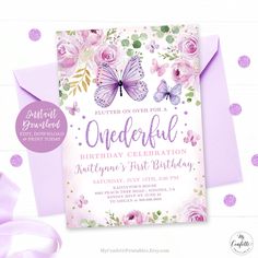 a pink and purple birthday party with flowers, butterflies and polka dots on the background