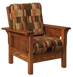 a wooden chair with an upholstered seat and arm rests against a white background