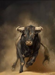 a painting of a bull running in the sand with horns on its head and tail