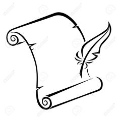 a scroll with a bird on it and an ink pen in the middle stock illustration