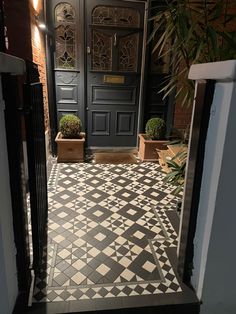 an entrance to a house with potted plants