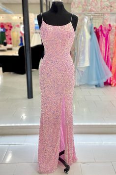 Pink Sequins Mermaid Long Formal Dress with Slit Pink Sparkly Prom Dress, Long Sparkly Dresses, Long Tight Prom Dresses, Formal Dresses Tight, Pink Sparkly Dress, Light Pink Prom Dress, Tight Prom Dresses, Sparkle Prom Dress, Pink Sequin Dress