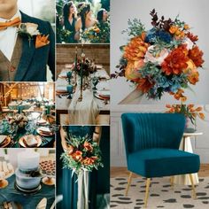 a collage of photos with orange, blue and green wedding colors in the same color scheme