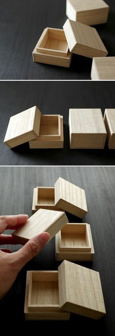 three different views of wooden boxes with one being opened and the other is empty, on a black surface