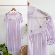 A B O U T Circa: 60s 70s Condition: Good. Minor wear to be expected.  Color: Light Purple Super precious. Beautiful light purple. Delicate ruffles and floral details.  S I Z I N G  Tag: Medium (Vintage size) Sleeves: 7" Length: 42" Bust: 18" Doubled: 36" FOLLOW US ON INSTAGRAM: @thedenimtuxedo » All of our garments are measured flat. The tag size on our items is what is reflected on the actual garments tag. These sizes are vintage sizes. Therefore, they may be smaller than average sizing. For be