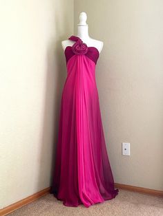 "Excellent Vintage Condition - Pink Ombre One-Shoulder Dress w/ Rose Gorgeous, flowy dress for any occasion! The silhouette helps creates a fitted/lengthy figure. The ombre fabric shows different shades of pink throughout the garment in a subtle yet beautiful way. Overall this gown is in excellent vintage condition. There are no spots/stains/holes on the gown.  Labeled as size 8 Measurements: Chest: 32\" Waist: 28\" Length: 70.8\"" Pre-draped Pink Silk Evening Dress, Pink Flowy Floor-length Evening Dress, Pink Flowy Evening Dress For Formal Occasions, Flowy Pink Evening Dress For Formal Occasions, Formal Flowy Pink Evening Dress, Formal Fitted Ombre Dress, Pink Chiffon Evening Dress For Gala, Pink Chiffon Evening Dress For Cocktail, Pink Chiffon Cocktail Evening Dress