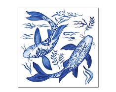 a blue and white drawing of two koi fish in the water with leaves on it