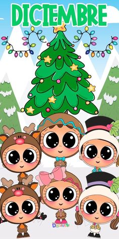 a group of cartoon characters standing in front of a christmas tree with the words dictembre on it