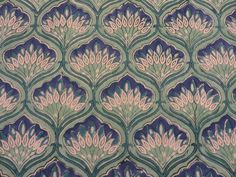 an art deco wallpaper pattern with blue and pink flowers on green, purple and white background