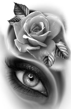 a woman's eye with a rose on her forehead