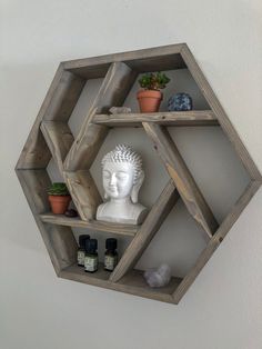 a shelf that has some plants on top of it and a buddha head in the middle