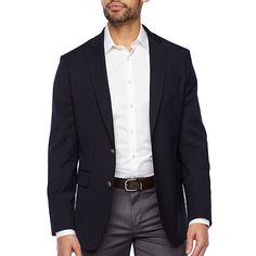 Cut for a classic-fit, this men's blazer by Stafford is essential for tailored looks, or pair it with a t-shirt and jeans for a casual style. This single-breasted blazer is made from a stretch wool-blend with a hopsack woven design and has a classic notch lapel with chest, side, and inner pockets.Front Style: Single BreastedFeatures: Stretch Fabric, Interior PocketsClosure Type: ButtonFit: Classic FitSleeve Length: Long SleeveFiber Content: 52% Wool, 45% Polyester, 3% Lycra SpandexFabric Descrip Mens Business Casual Outfits, Man Blazer, Work Blazer, Brown Suits, Blazer Blue, Mens Lifestyle, Sports Blazer, Business Casual Men, T Shirt And Jeans