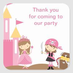 a girl pirate birthday party square sticker with the words thank you for coming to our party