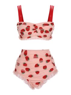 Cute Summer Fashion, Strawberry Inspired Outfit, Pink Plus Size Outfits, Strawberry Bathing Suit, Cottagecore Swimsuit, Strawberry Apron, Cute Swim Suits, Strawberry Swimsuit, Feminine Swimsuit