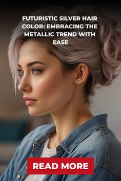 Person with futuristic silver hair, wearing a denim shirt, promoting metallic hair color trends. Lavender Hair, Futuristic Fashion, Boho Braids, Bold Style