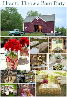 a barn party with red flowers, hay bales and tables in front of it