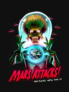 an advertisement for mars attacks with a skeleton holding a globe in his hands and the words mars attacks above it