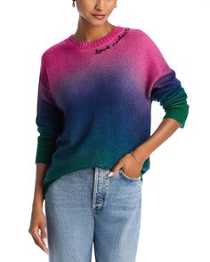 AQUA - Cashmere Ombré Crewneck Sweater - Exclusive Trendy Crew Sweater With Ribbed Cuffs, Trendy Ribbed Crew Neck Sweater, Trendy Crew Neck Sweater With Ribbed Cuffs, Trendy Knit Crew Neck Sweatshirt, Trendy Crew Neck Knit Sweatshirt, Trendy Multicolor Sweater With Ribbed Cuffs, Multicolor Relaxed Fit Sweater With Ribbed Cuffs, Multicolor Ribbed Crew Neck Sweater, Bridal Boots