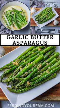 garlic butter asparagus on a white plate with the words garlic butter asparagus