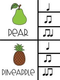 four different pictures with the words pear, pineapple and music notes