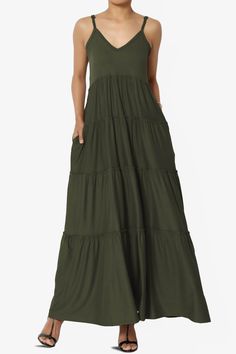 Livvy V-Neck Tiered Cami Maxi Dress OLIVE_1 Cami Maxi Dress, Ankle Length Skirt, Ruffle Design, Vacation Wardrobe, Maxi Jersey Dress, Spaghetti Strap Top, Sleeveless Dress Summer, Long Dress Casual, Women Maxi