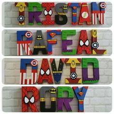 three wooden letters that spell out the names of different countries and their superheros, spiderman, captain america, iron man, and more