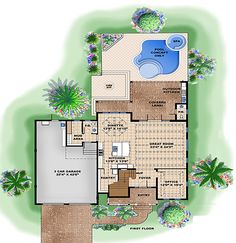 the floor plan for this house shows the pool and hot tub, as well as an outdoor