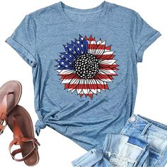 PRICES MAY VARY. 【Premium Material】Womens Sunflower American Flag T Shirts is Made of Cotton Blended, Soft , Comfortable and Breathable, Skin-friendly. 4th of July Outfits for Women. 【Cute Design】Sunflower American Flag Shirt for Women, Cute Sunflower Flower Graphic Tees, 4th of July Shirts for Women, Womens 4th of July Shirt, July 4 4th USA Shirts for Women, Summer Casual Short Sleeve Patriotic Shirts, Loose Fit Cotton Shirts, Gifts for Women. 【Gifts】Sunflower 4th of July patriotic shirts is gr Sunflower Graphic, Cute Summer Shirts, Cute Sunflower, American Flag Tshirt, 4th Of July Outfits, American Flag Shirt, Usa Shirt, Casual Summer Shorts, Patriotic Shirts