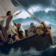 an image of jesus in the boat with many people on it and lightning behind him