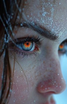 a close up of a woman's face with snow all over her and orange eyes