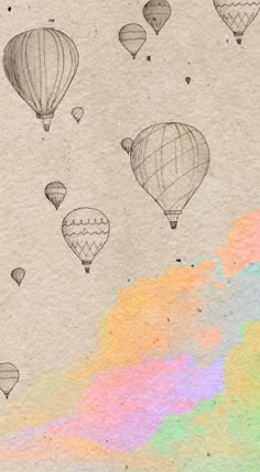 a drawing of hot air balloons flying in the sky