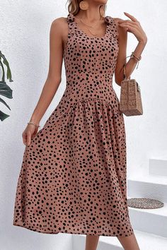 Elegant Polka Dot Print Casual Backless Sleeveless Tie Stylish A-Line Midi Dress Polka Dot Umbrella, Umbrella Dress, Long Dress Summer, Summer Gathering, Midi Dress Casual, Long Summer Dresses, Pink Midi Dress, Crop Top Blouse, Printed Midi Dress