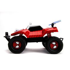 a red and black toy truck on a white background