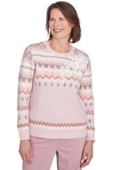 Embrace cozy elegance with Alfred Dunner's textured, fairisle and floral embroidered knit. Adorned with a ribbed crew neckline and full-length sleeves, it's perfect for fall. With its sleek straight hemline, it effortlessly combines style and warmth for the season. | Alfred Dunner Women's Petite Telluride Fairisle Sweater with Floral Embroidery, PXL